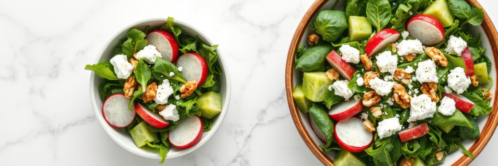 Fresh salad with radishes, greens, and goat cheese on a marble countertop showcasing healthy eating habits